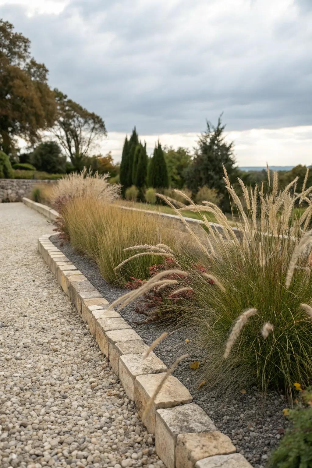 A textured stone flower garden abundant with decorative grasses