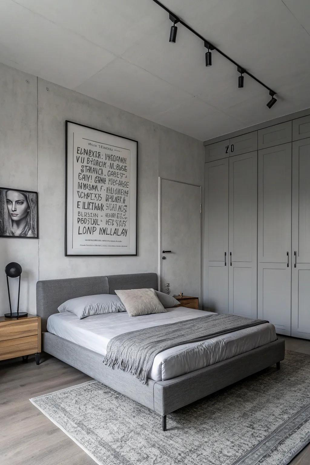 A monochrome gray bedroom highlighted by statement artwork.