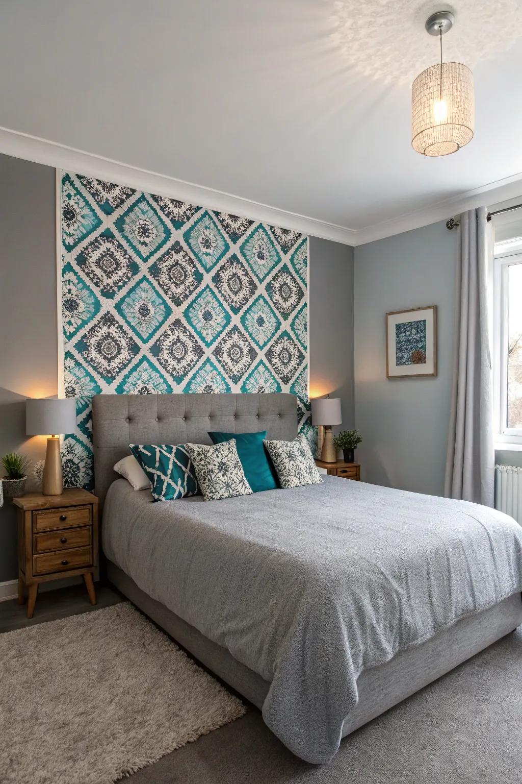 A feature wall adds a notable focal point to a gray bedroom.