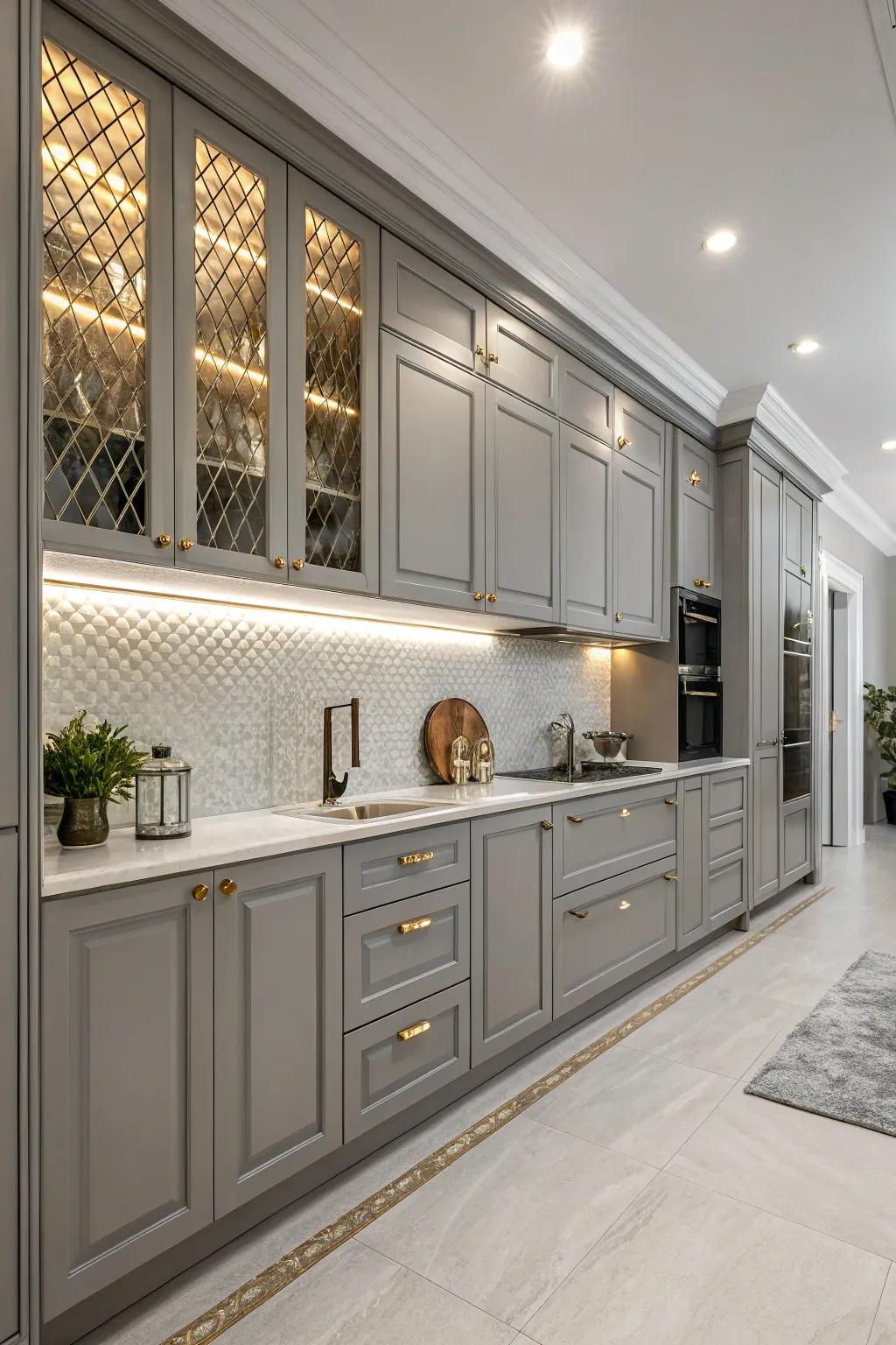 Metallic accents bringing a contemporary edge to gray cabinets.