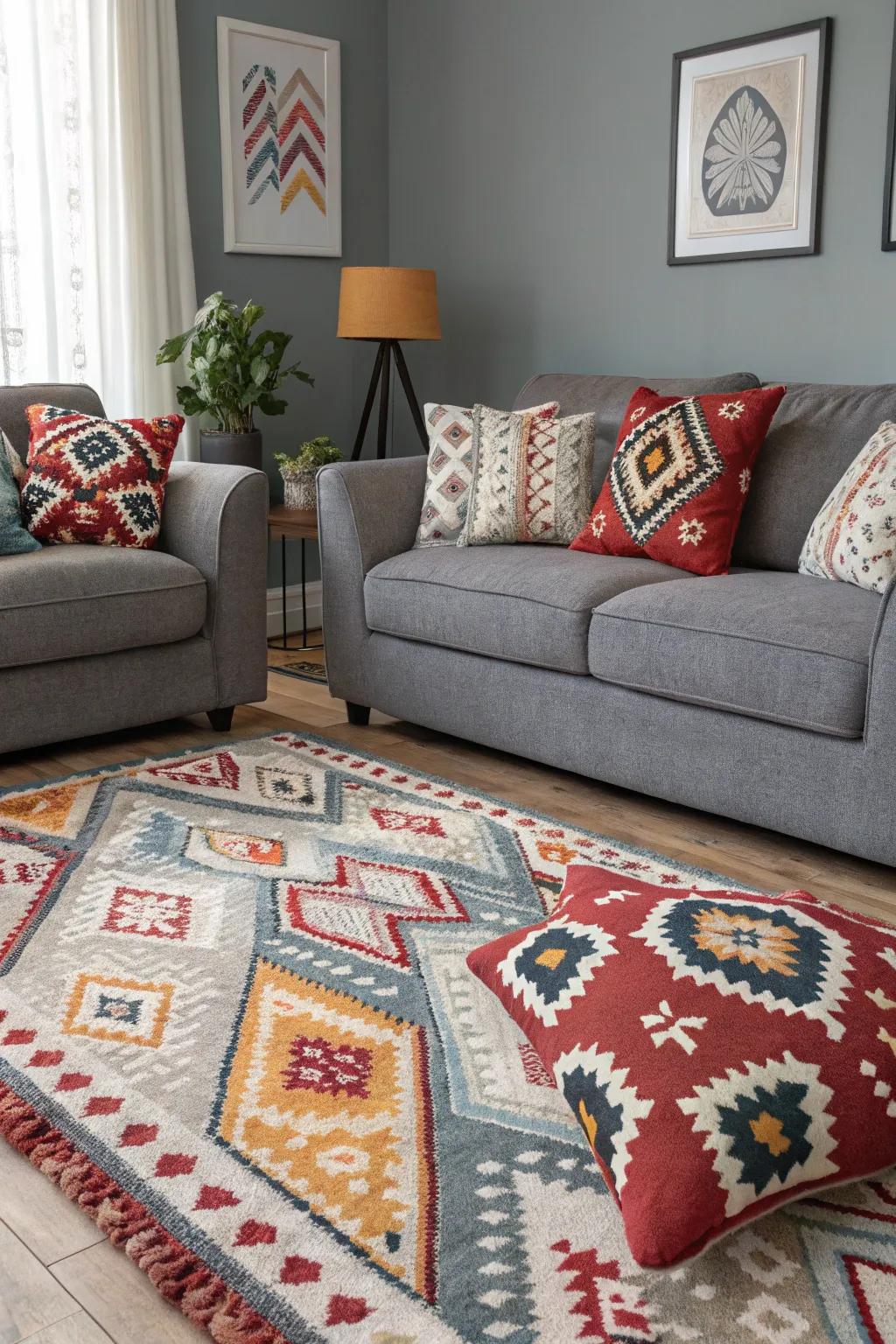 Vibrant designs contribute playful energy to gray interiors.