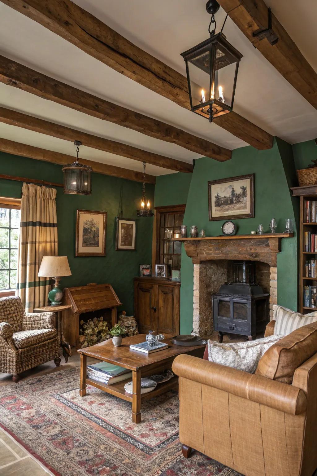 Woodsman green walls add country charm to this cozy living space.