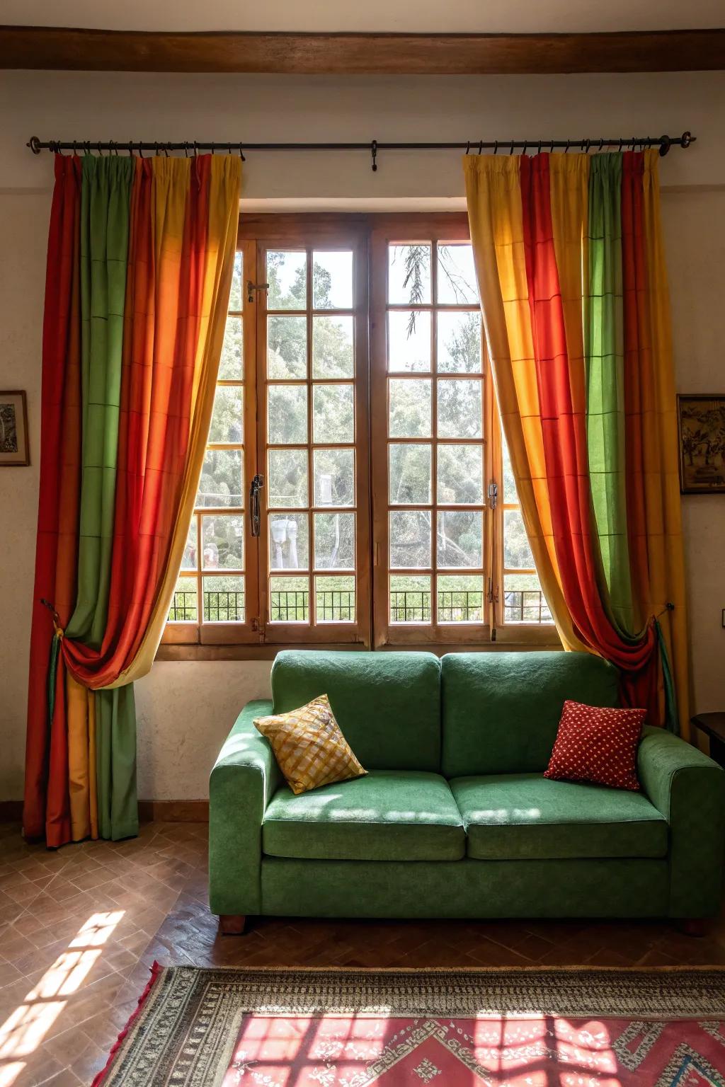 Statement window coverings create a dramatic and eye-catching effect in a room with a verdant couch.