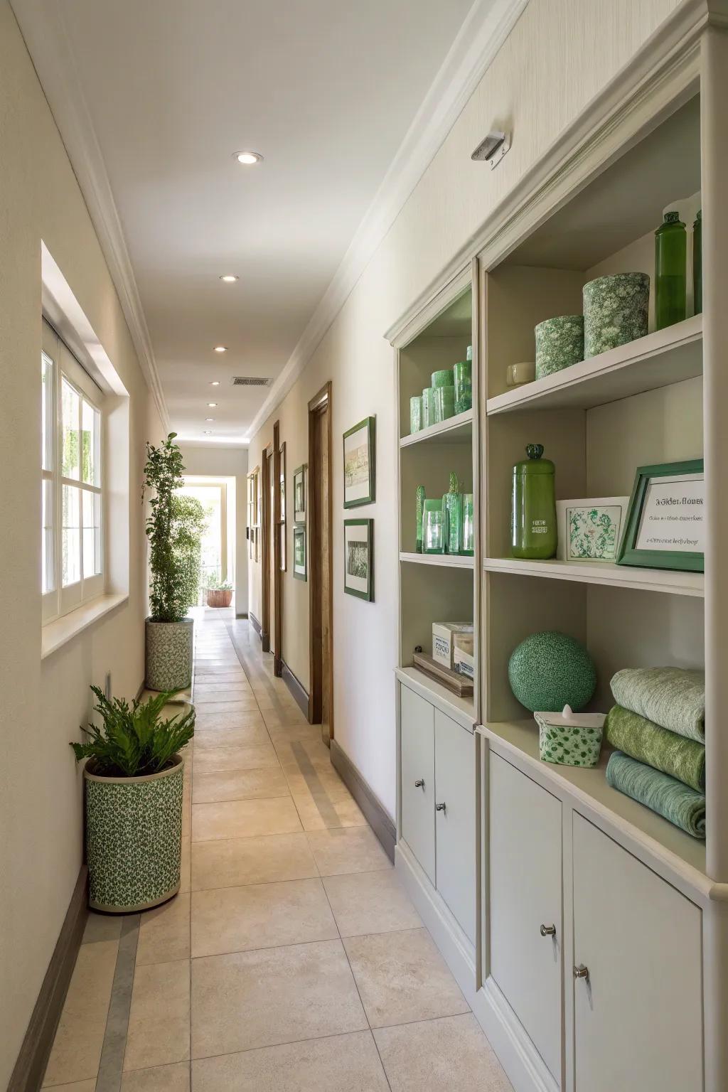 Small green accents subtly enhance the hallway's color theme.