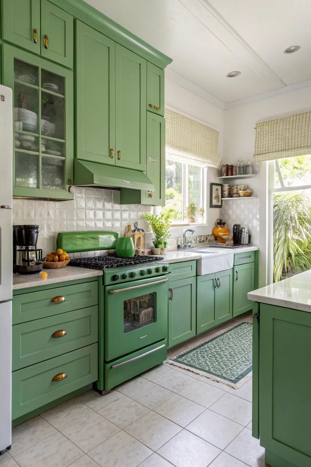 Green appliances subtly reinforce the color palette.