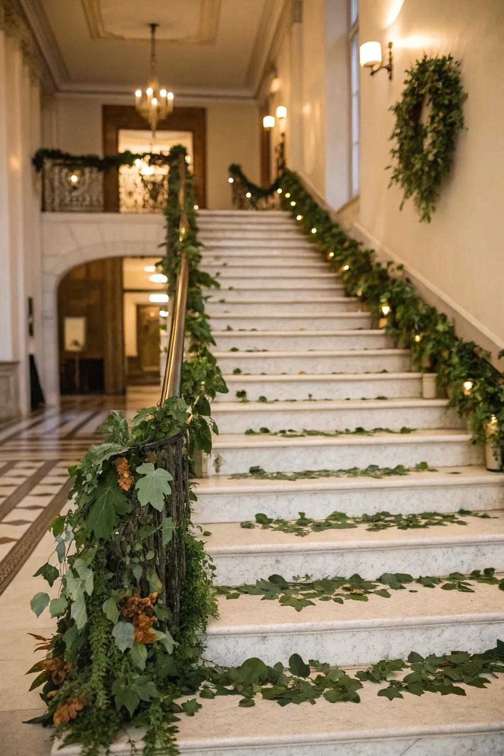 Botanical strands change a stairway into a luxurious getaway.