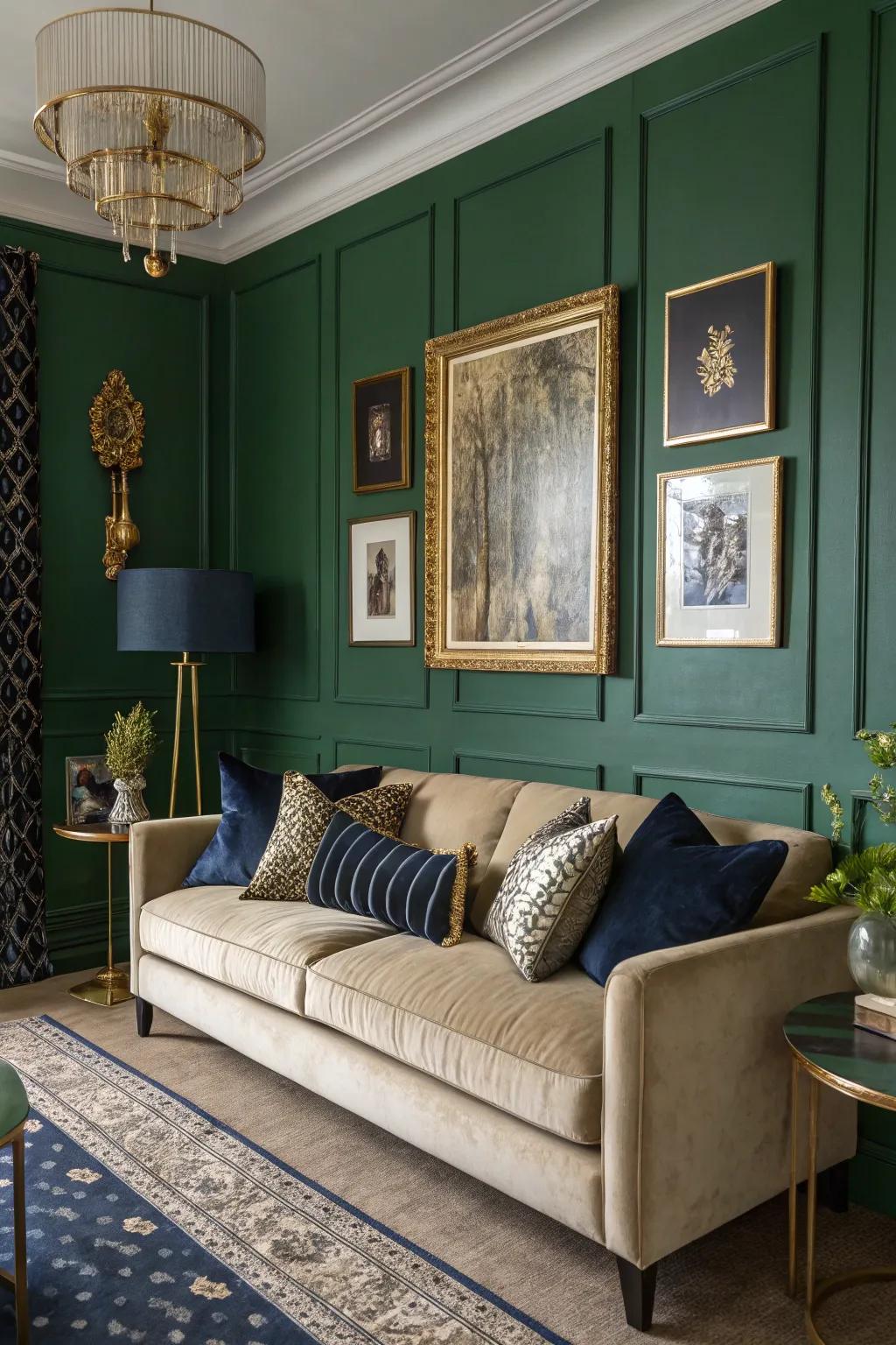 Contrasting colors add drama and sophistication to green decor.