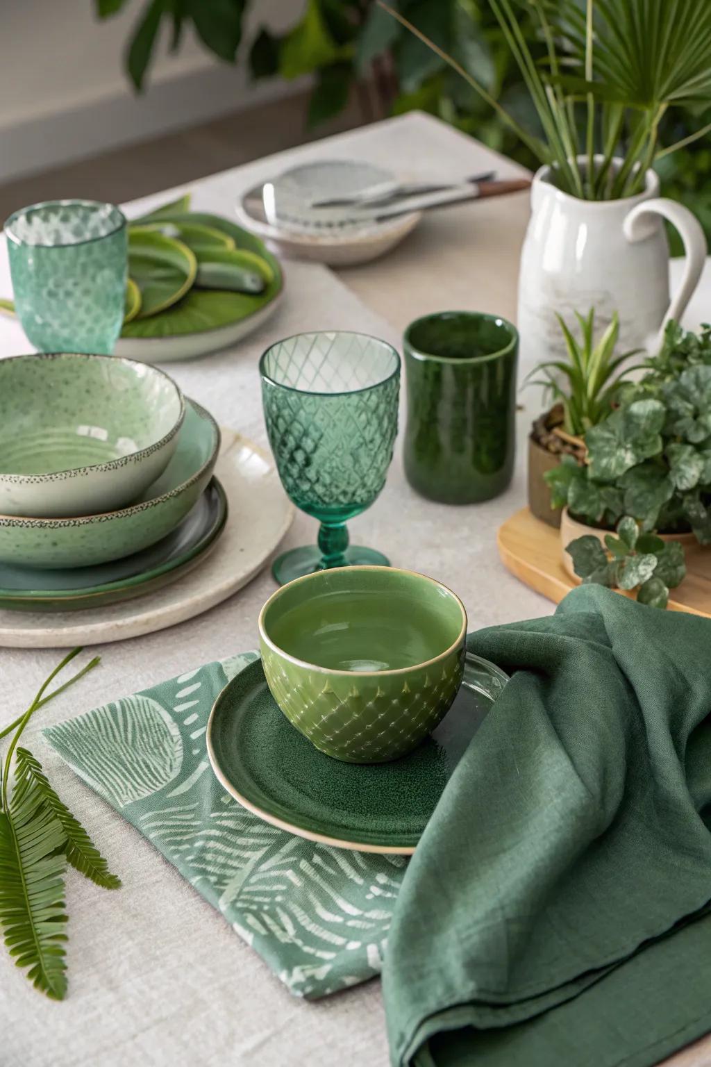 Diverse tones of green for a vibrant table aesthetic.