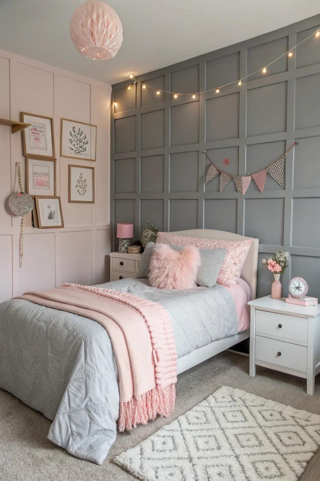 Blush undertones impart an element of romance to the grey feature wall.