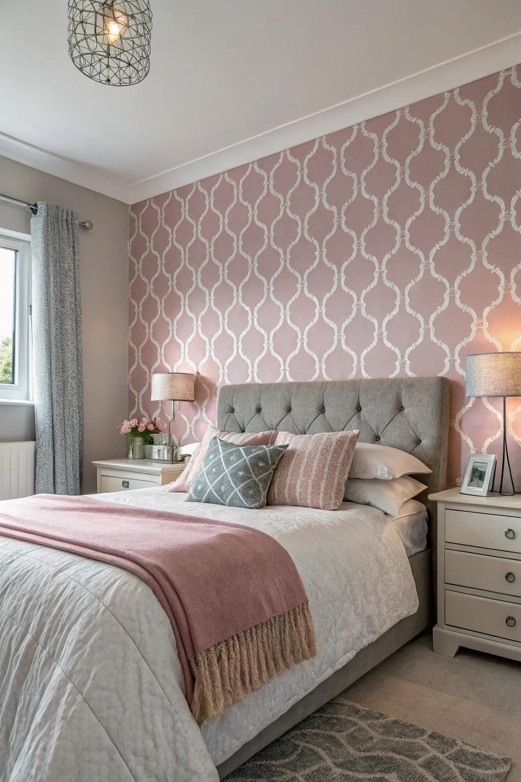 Pink and grey wall covering makes a big impact as a stylish focal point.