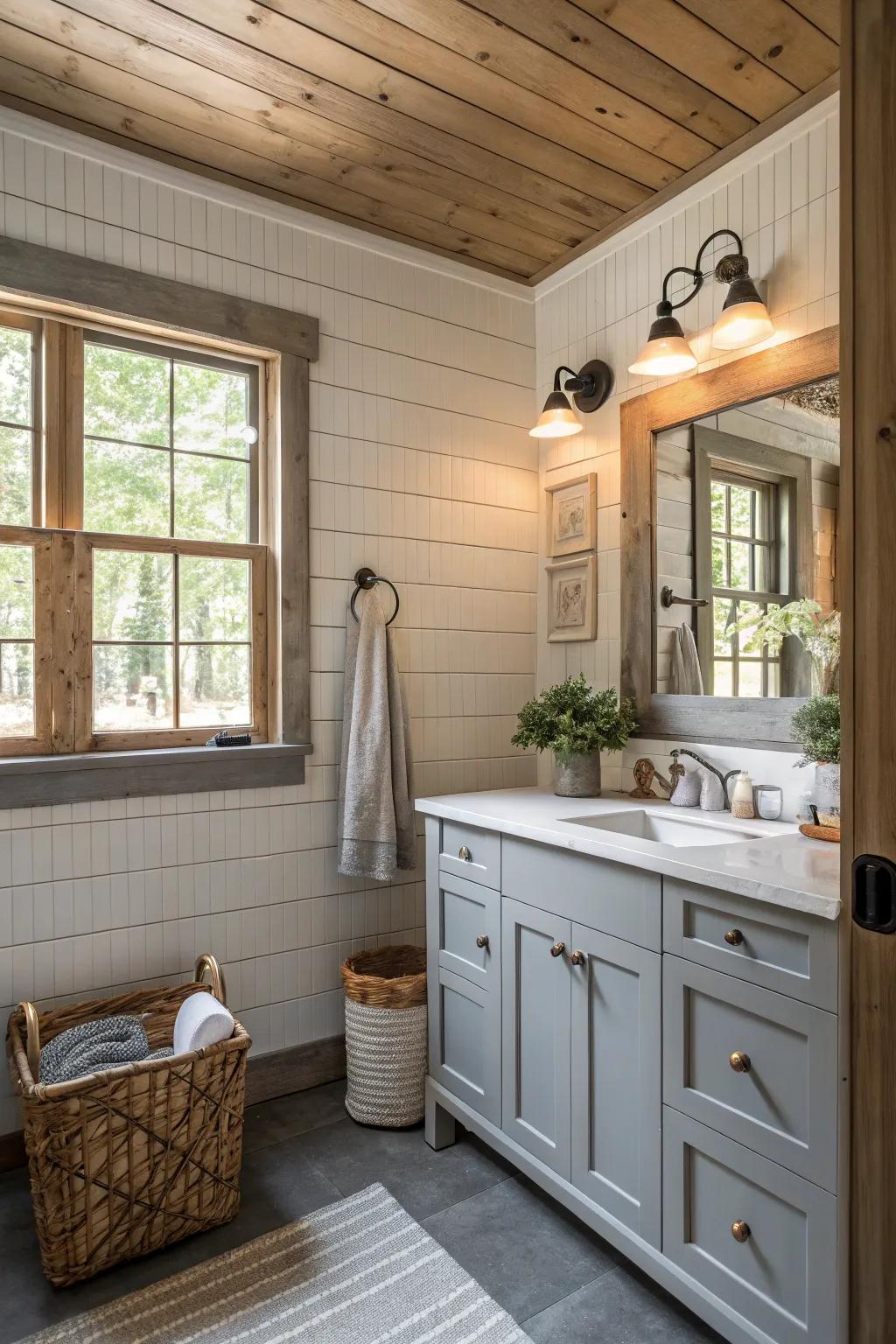 Shiplap walls add texture and charm to this farmhouse-inspired bathroom.