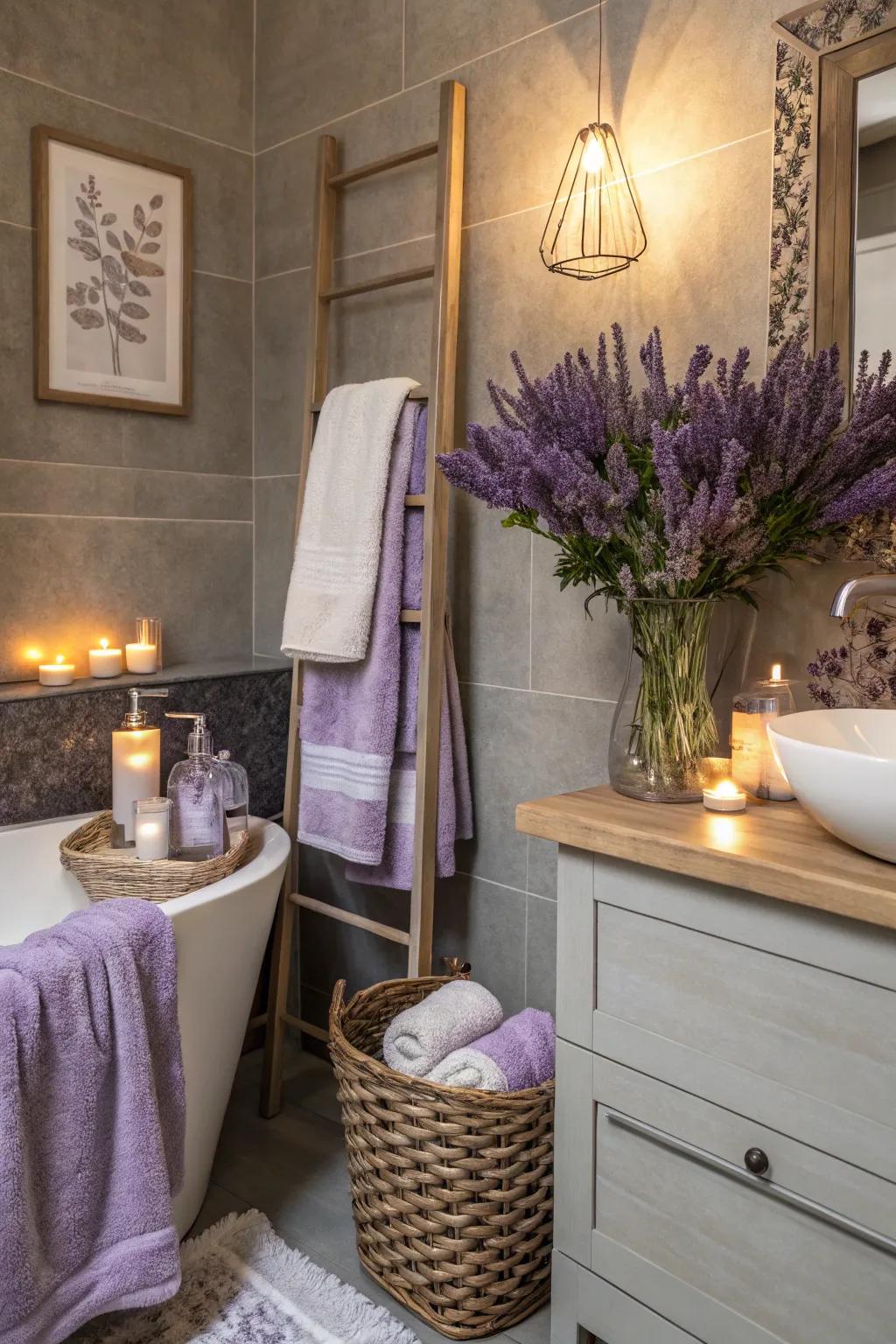 Grey and lavender create an unexpectedly elegant and calming restroom.
