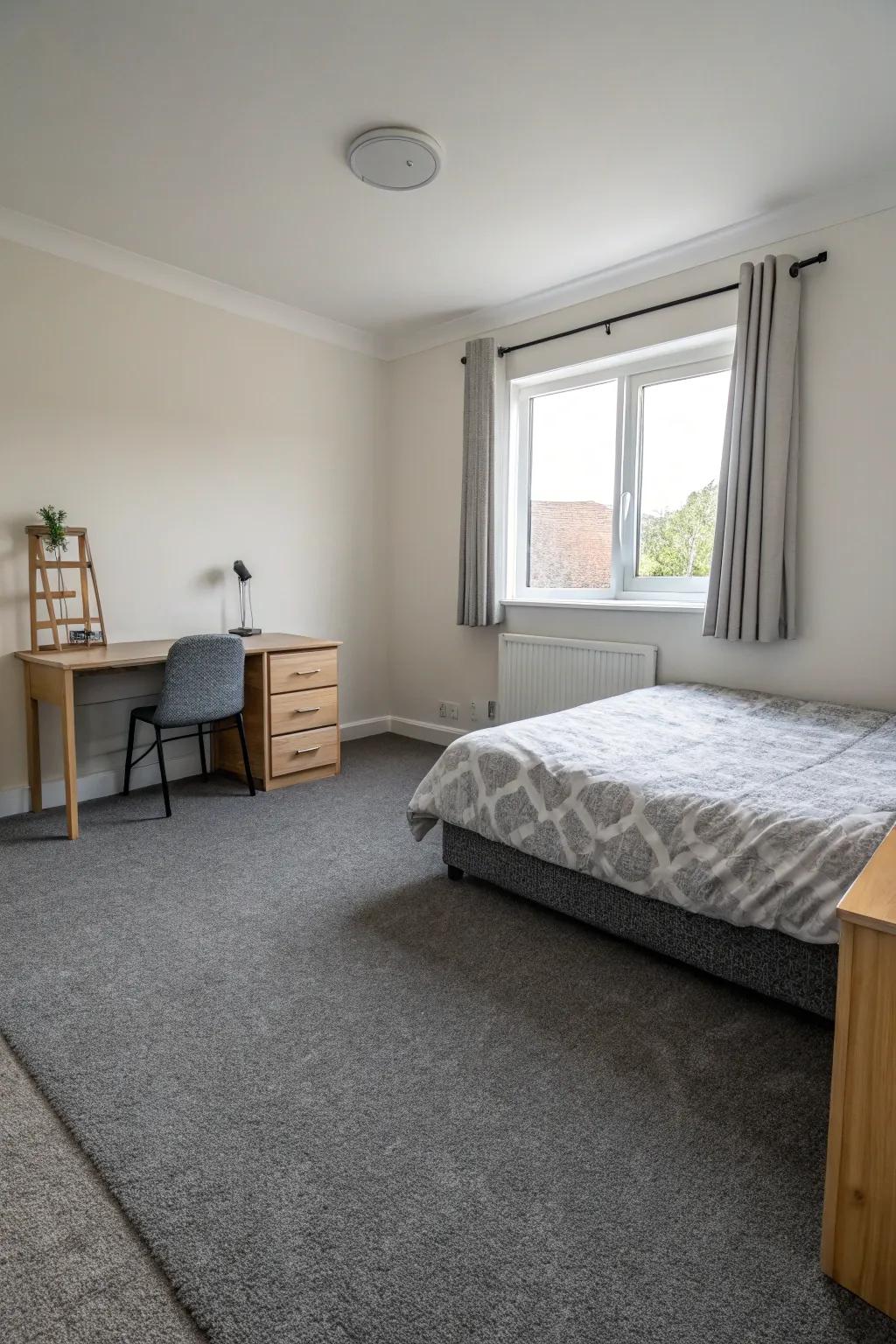 A minimalist design allows the ash-toned floor covering to be the focal point of the room.