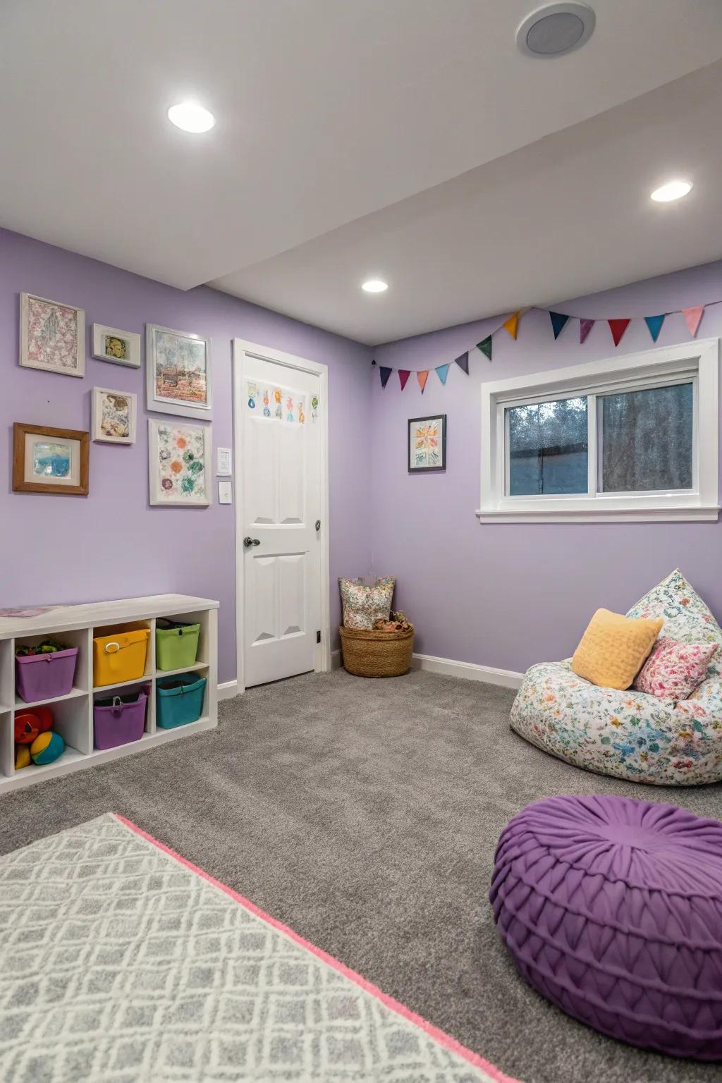 Lilac walls add charm and whimsy to rooms with grey carpet.