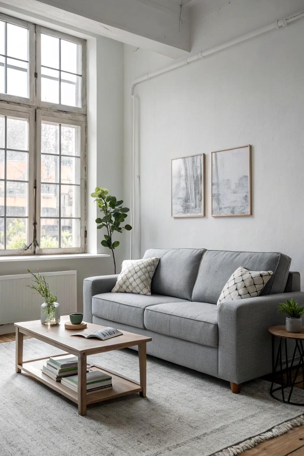 Minimalist decor enhances the elegance of a gray sofa.