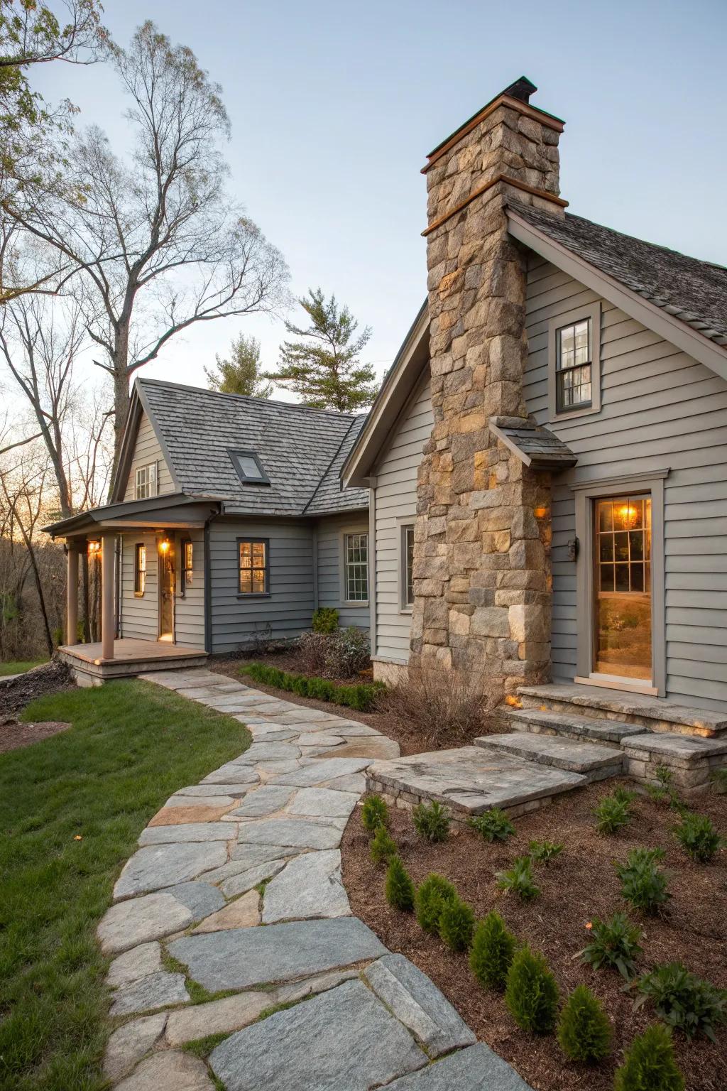 Rustic stone elements add an earthy touch to grey exteriors.