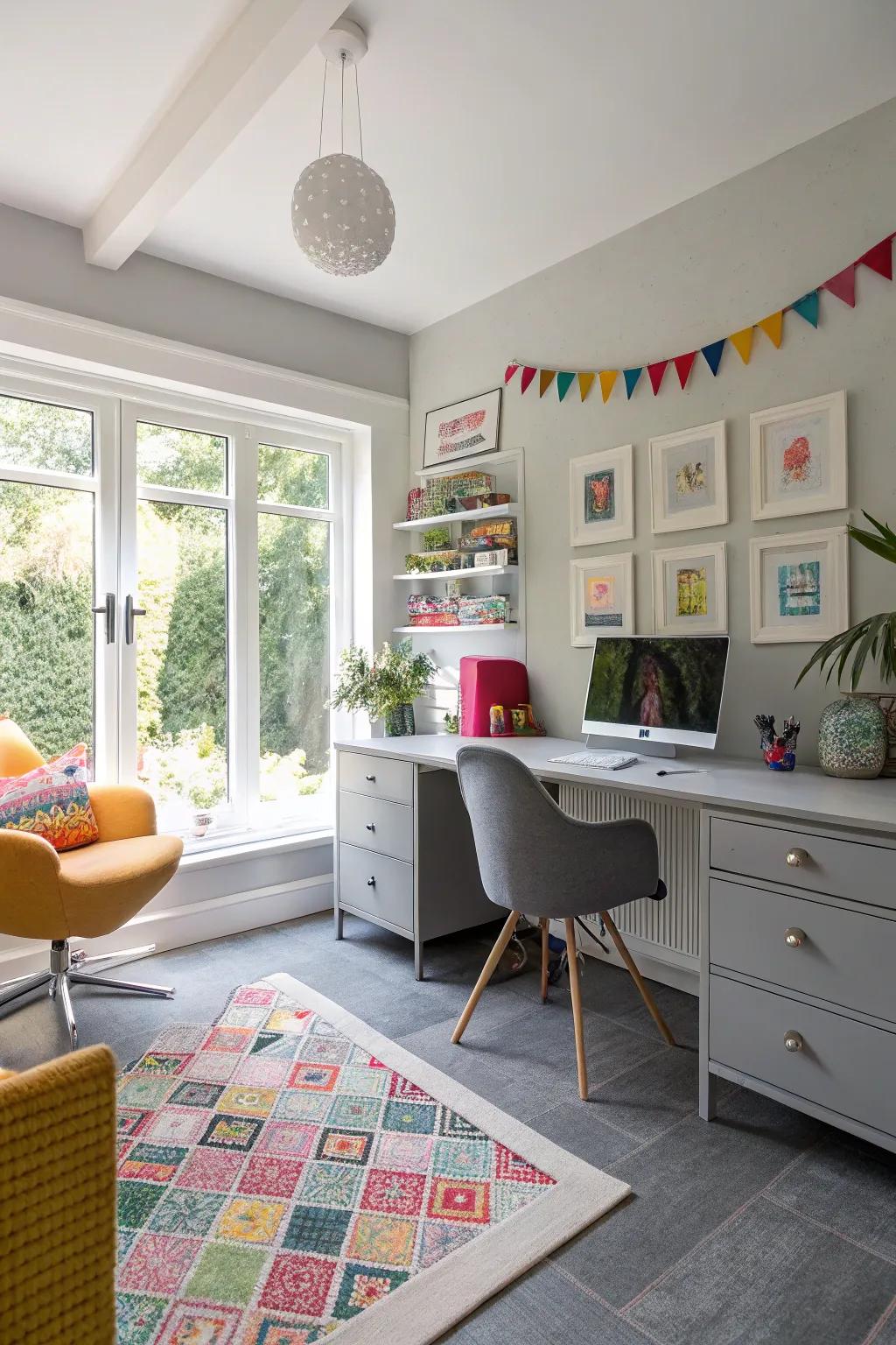 Grey painted floors bring a fresh and bright look to this home office.
