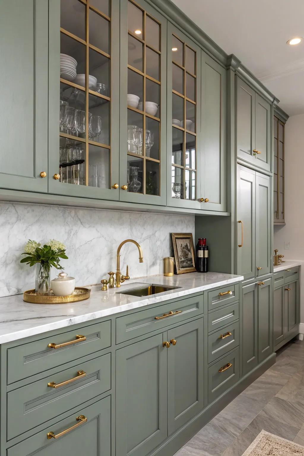 Bronze details bring refined luxury to grey-green cabinets.