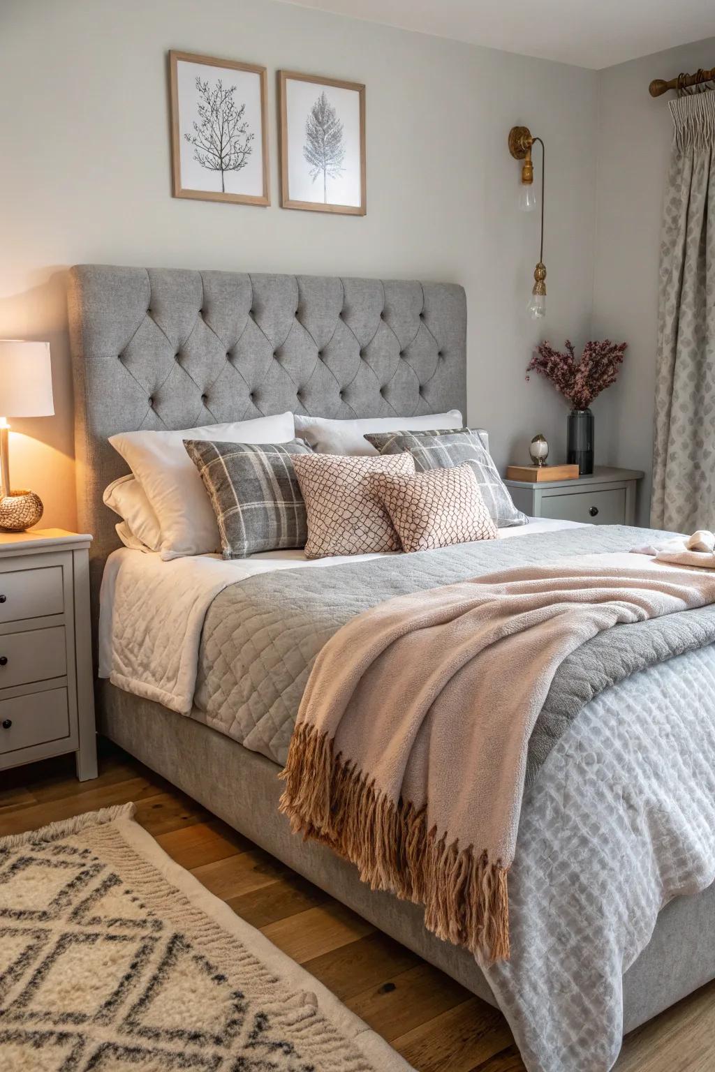 Varied fabrics bring depth and warmth to a bedroom with a grey headboard.