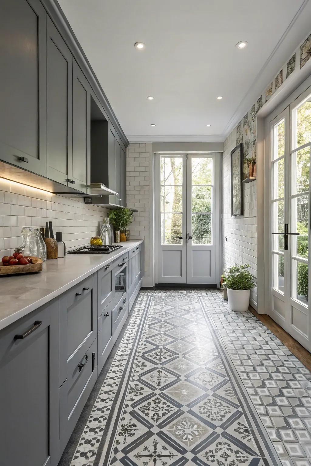 Geometric patterns introduce imagination and playfulness to a grey kitchen.