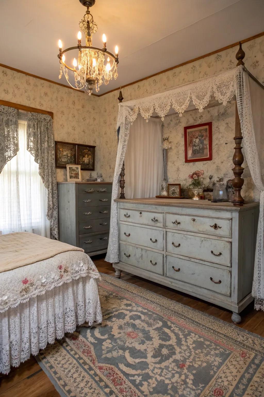 Vintage charm meets modern grey in a character-filled bedroom.