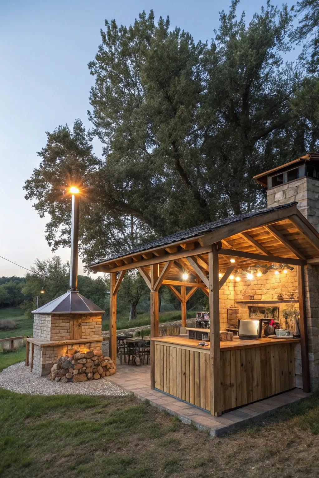 An eco-friendly grill hut featuring sustainable materials and solar lights.
