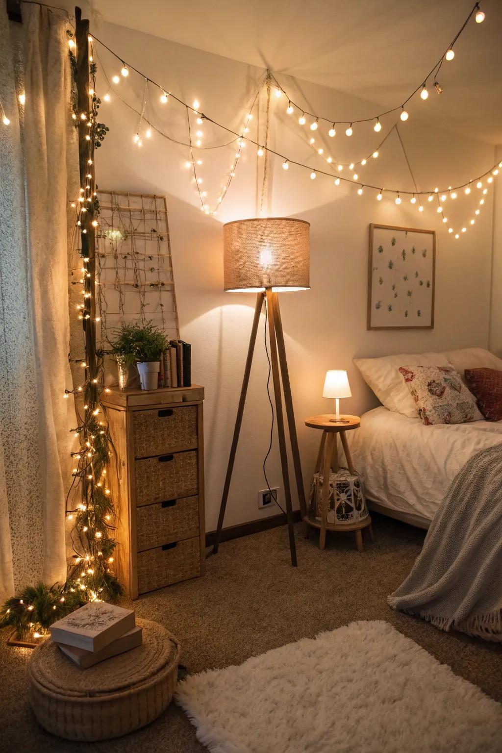 Layered lighting creates a snug ambiance for relaxing evenings.