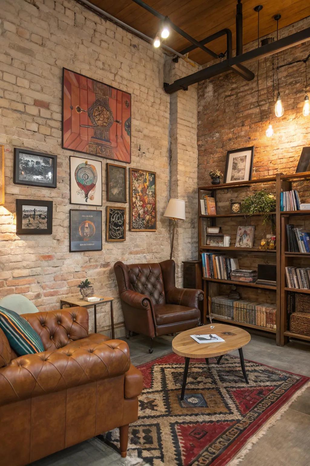 Bare brick surfaces contribute raw charm and genuineness.