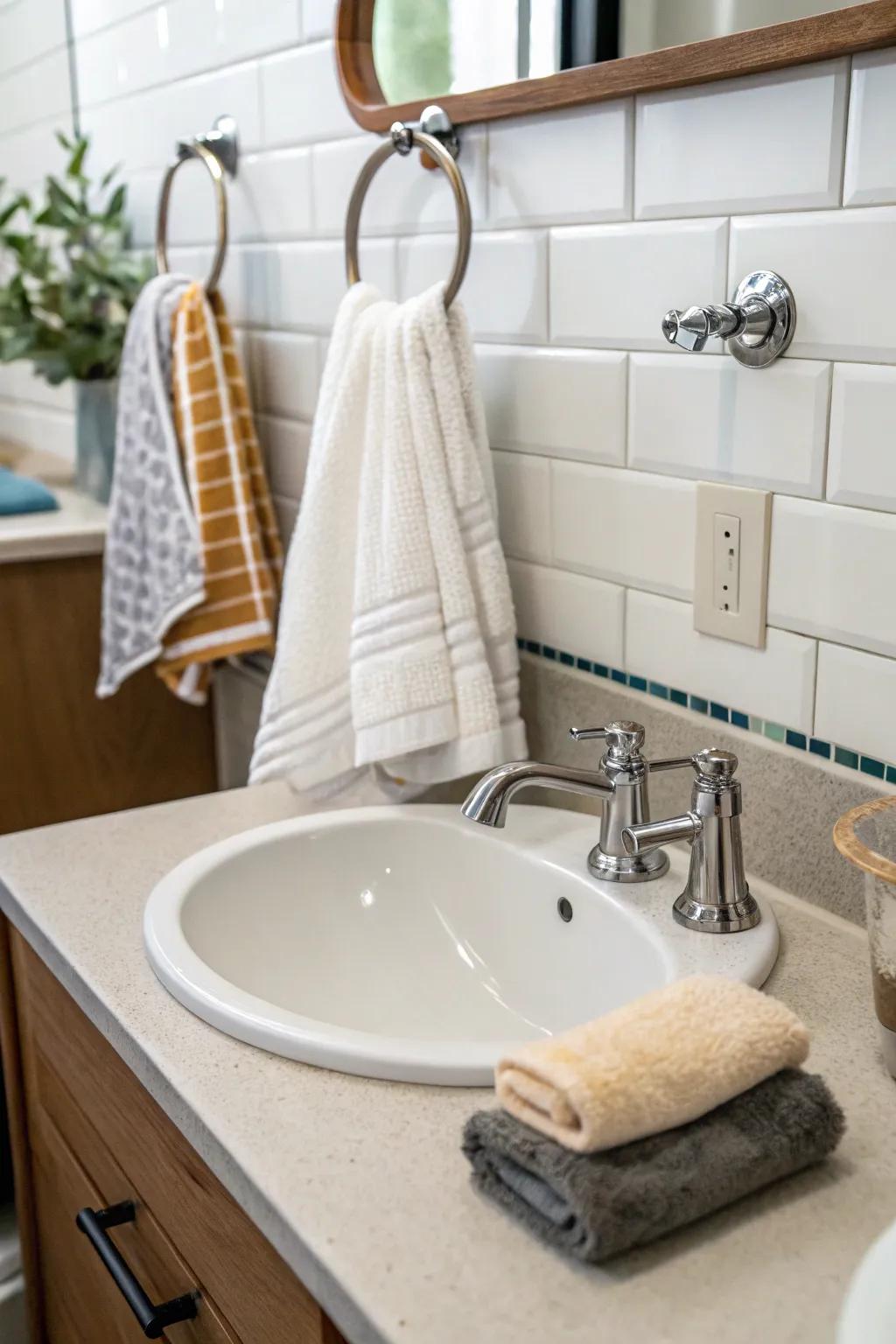 Towel hooks provide convenient and stylish access.