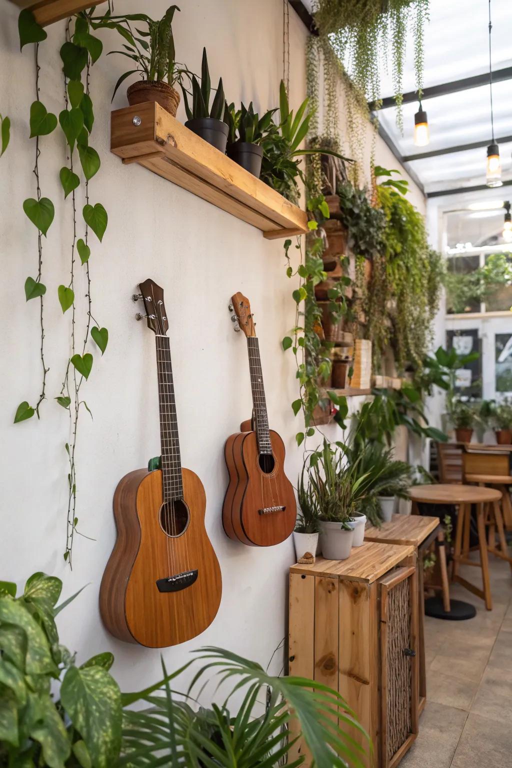 Guitars presented with plants adding a natural touch.