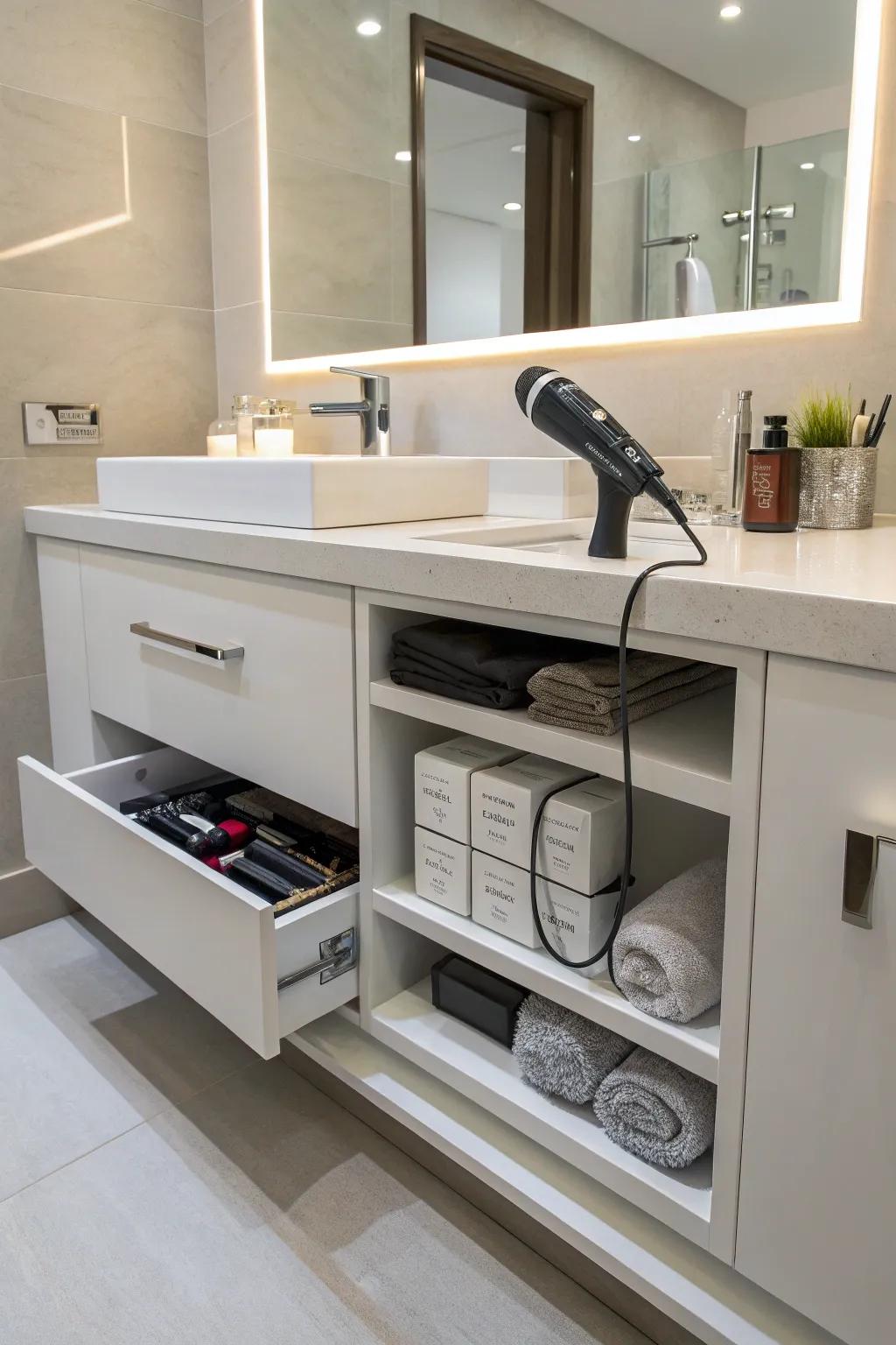 Streamlined vanity integrated cubbies create storage that is unobtrusive and well-organized.