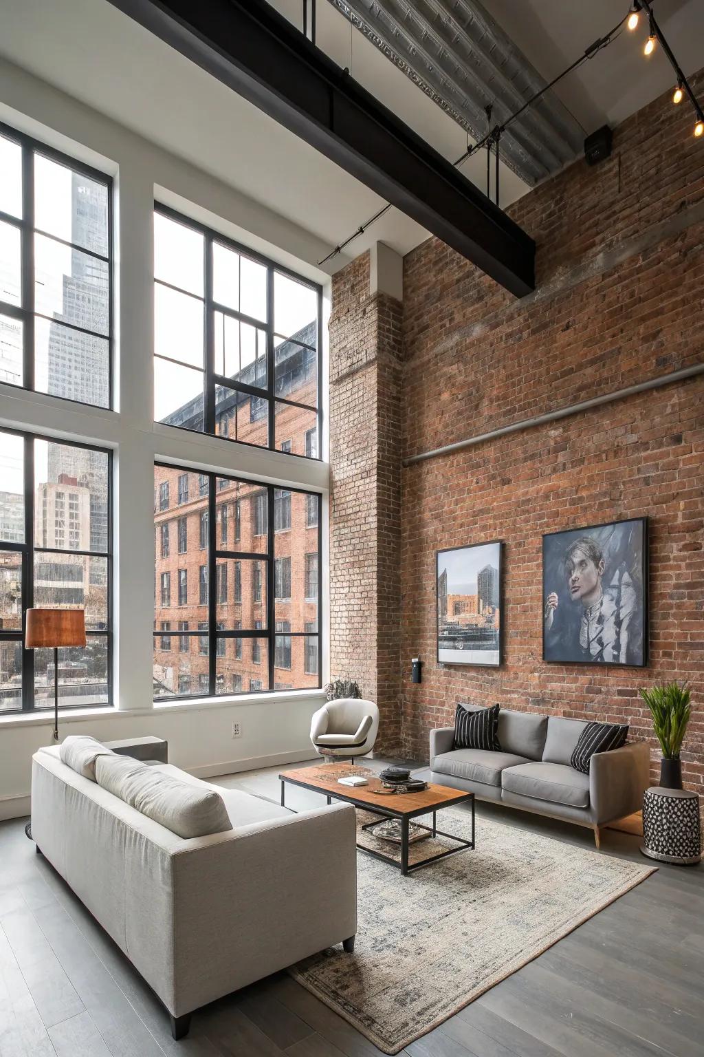 A modern loft that has a brick accent wall paying homage to its industrial past.