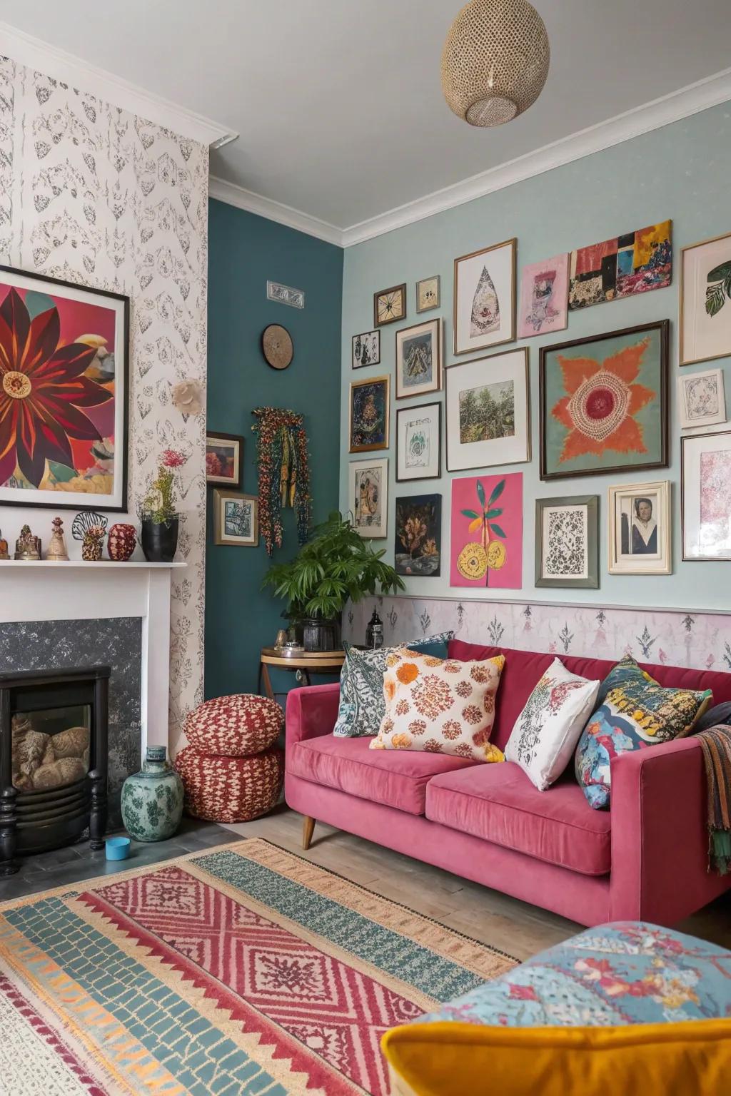 An eclectic living space with mixed wall covering designs and opposing coating, showcasing style.