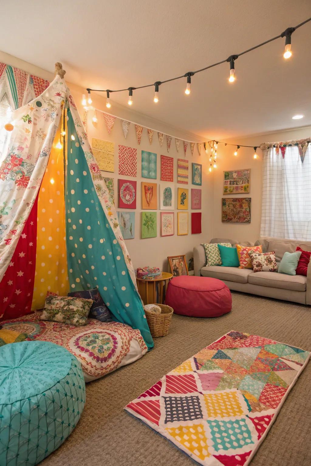 Playful family room with colorful textile panels.
