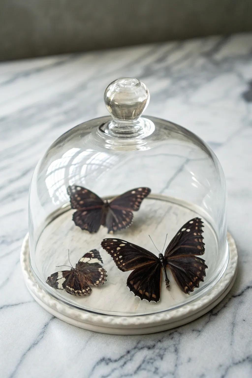 An refined display of butterflies within a display case.