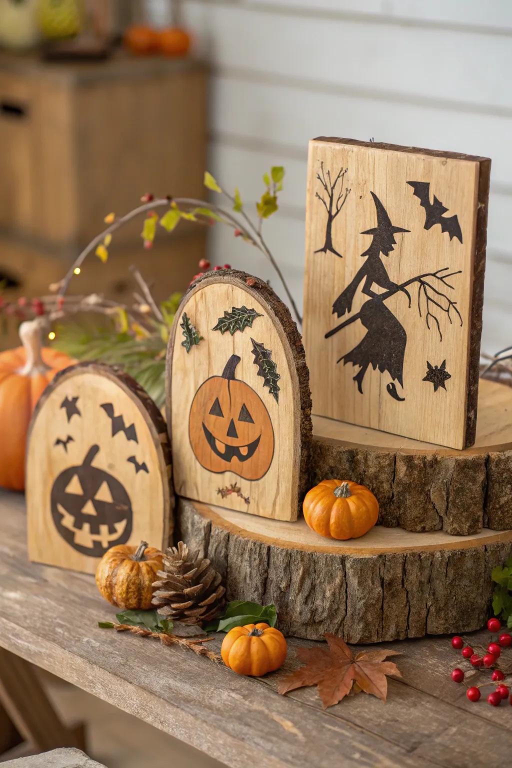 Timber plaques create a natural mood in Halloween decorations.