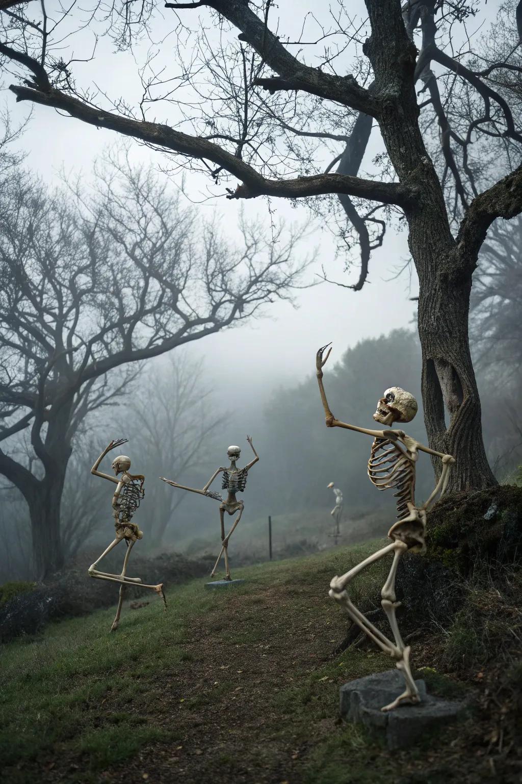 Skeletons caught mid-dance impart a playful spookiness.
