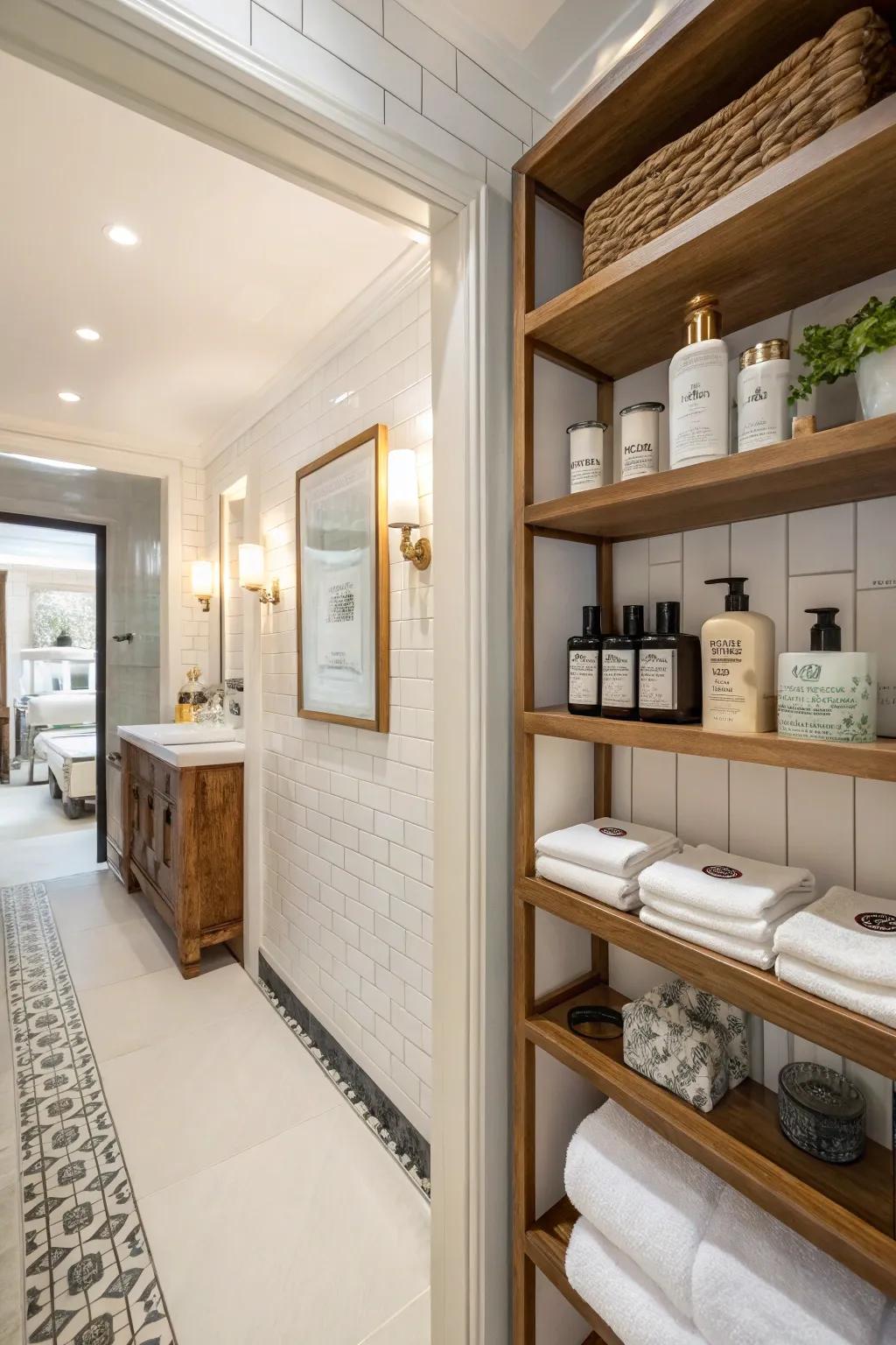 Open shelving offers both style and accessibility.