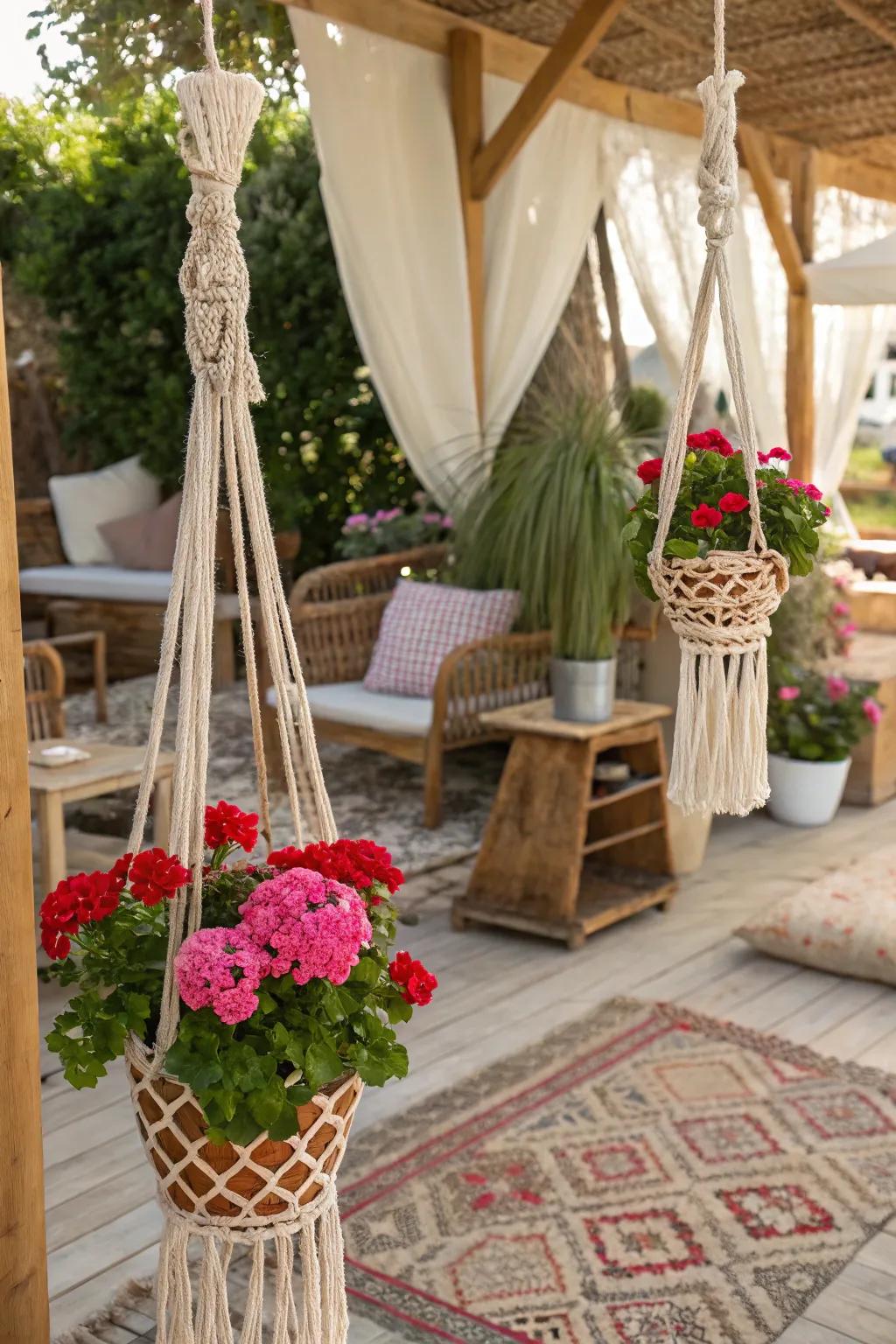 Knotted slings introduce a boho vibe to geraniums.