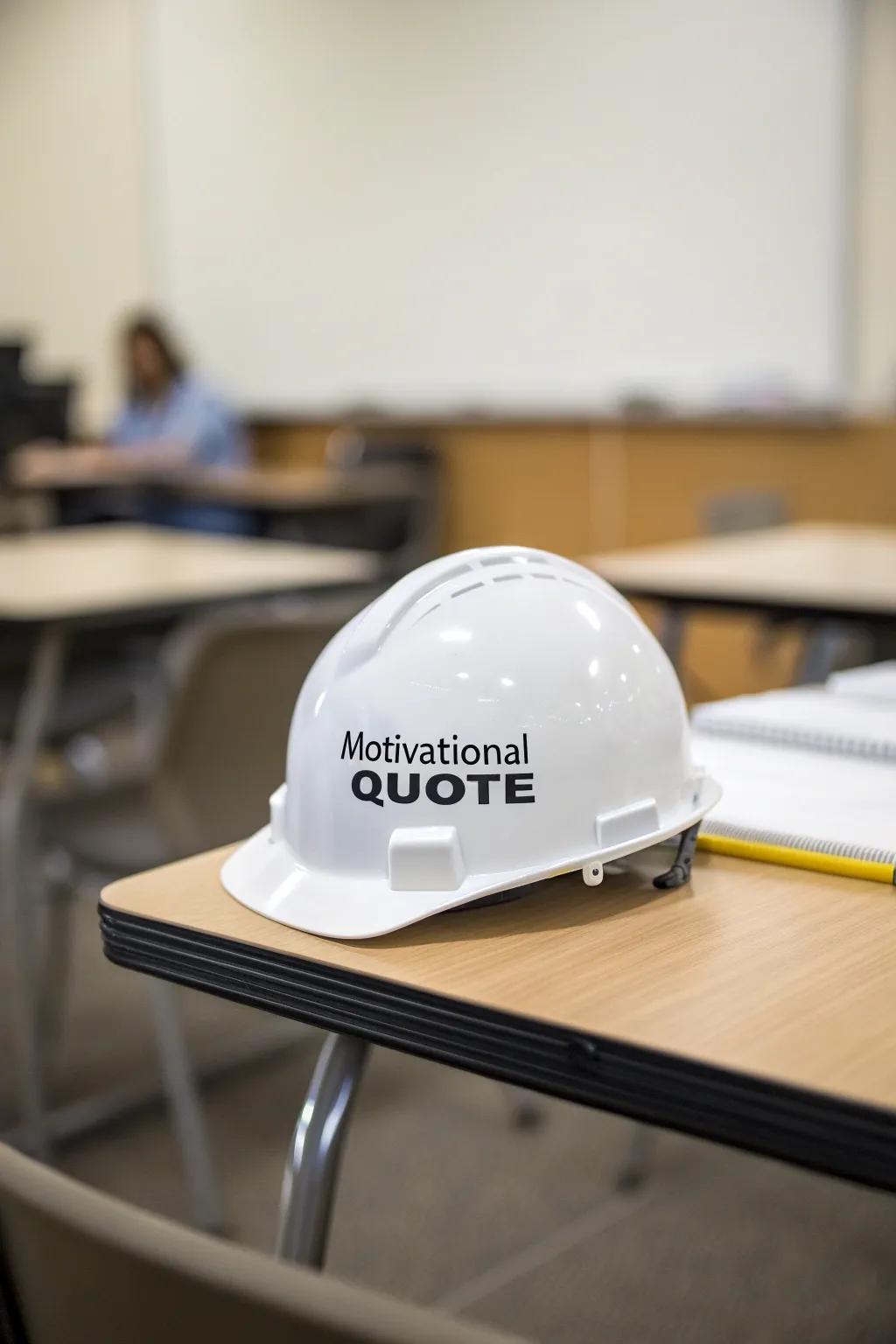 A hard hat personalized with a positive message.