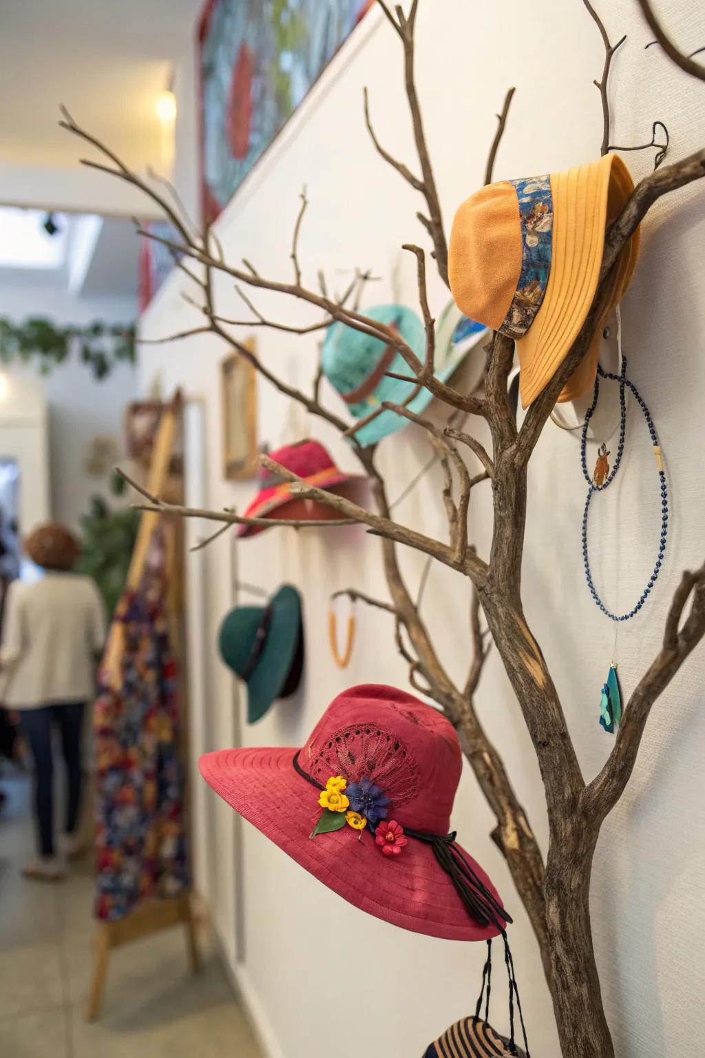 An creative bough adds a whimsical touch to your hat showcase.