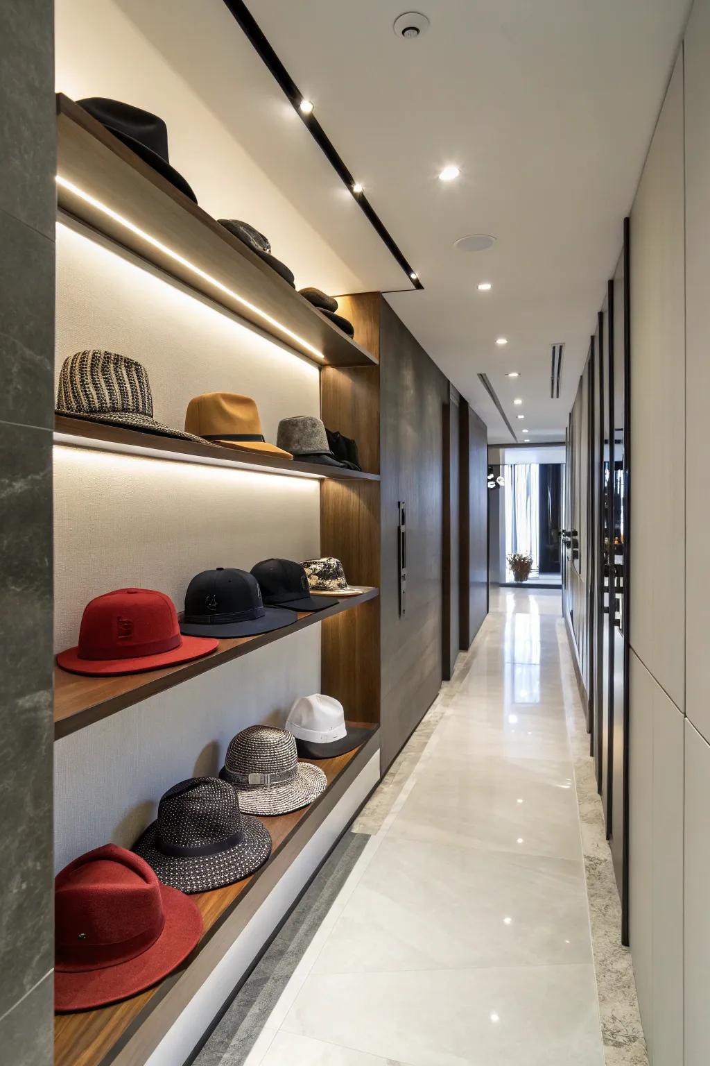 Hats displayed on floating shelves.