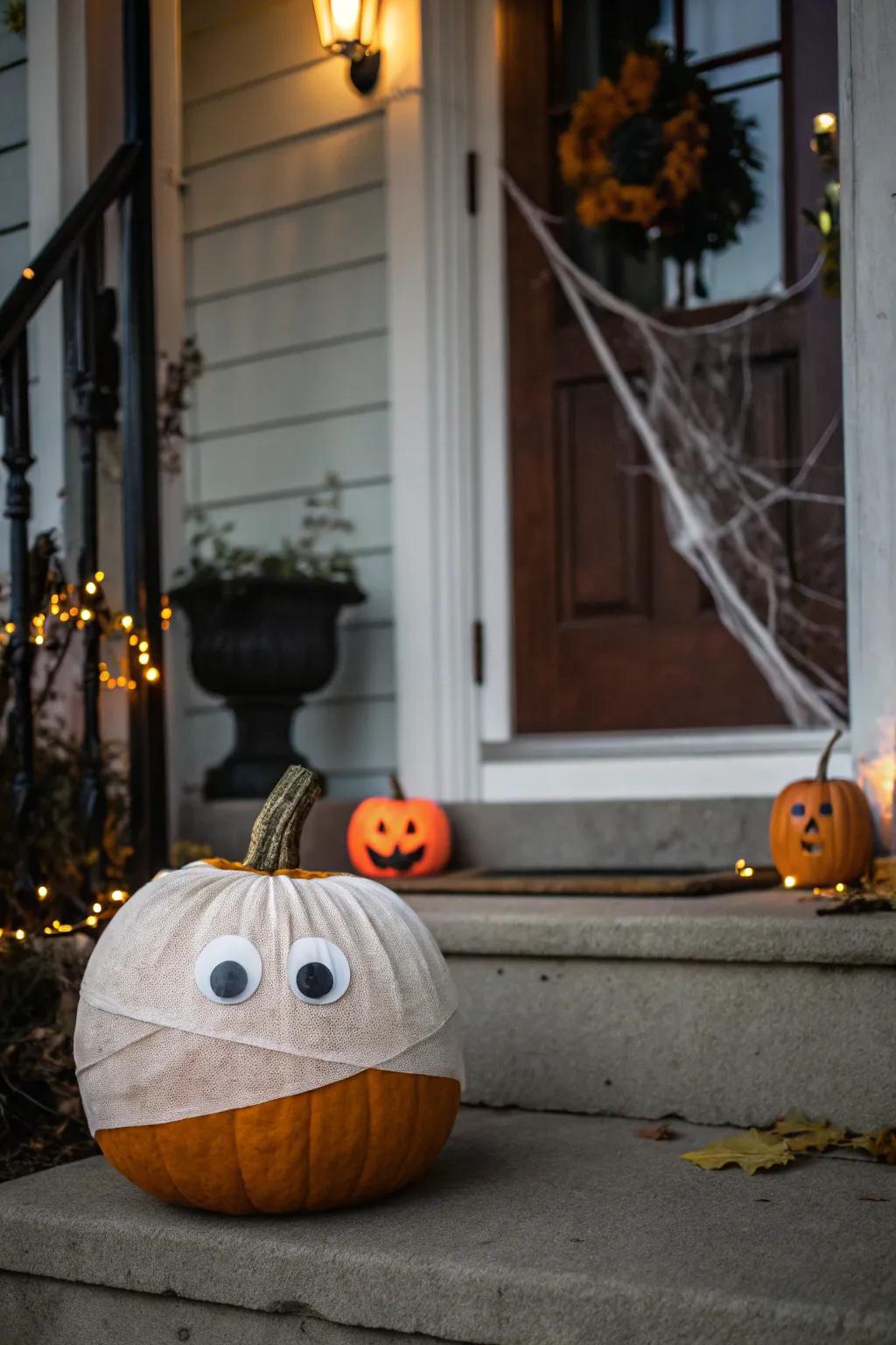 A mummy pumpkin wrapped in bandage for a spooky health-related decoration.