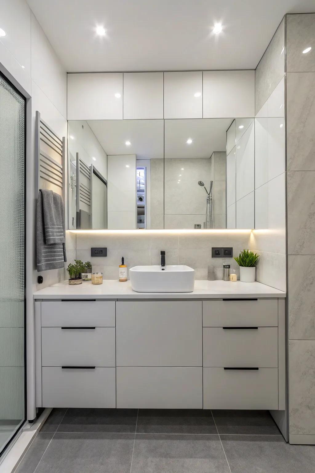 Unseen pulls maintaining a sleek bathroom design.