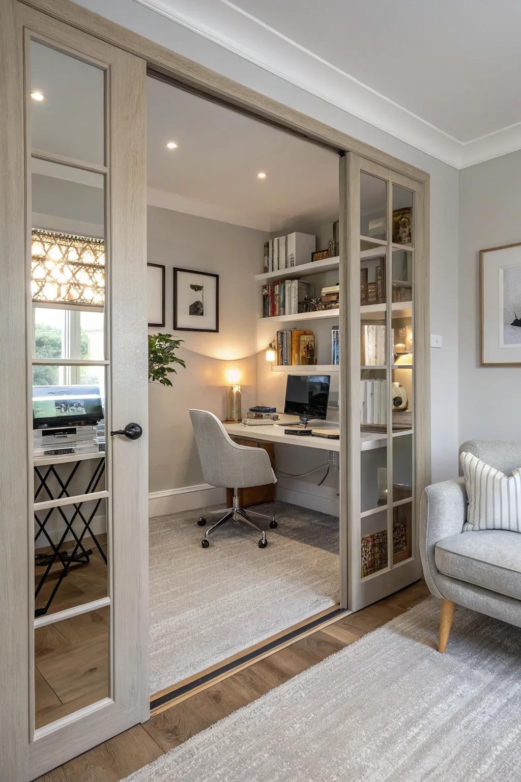 A hidden mirror door keeps your home office out of sight.