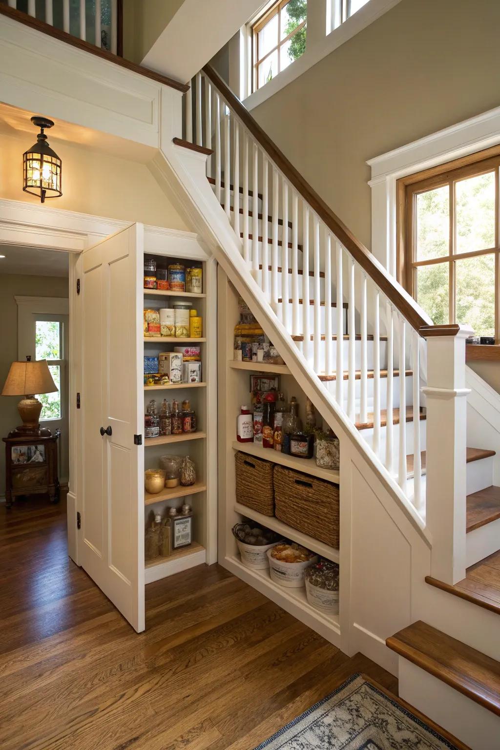 A hidden pantry cleverly tucked away under the stairway.