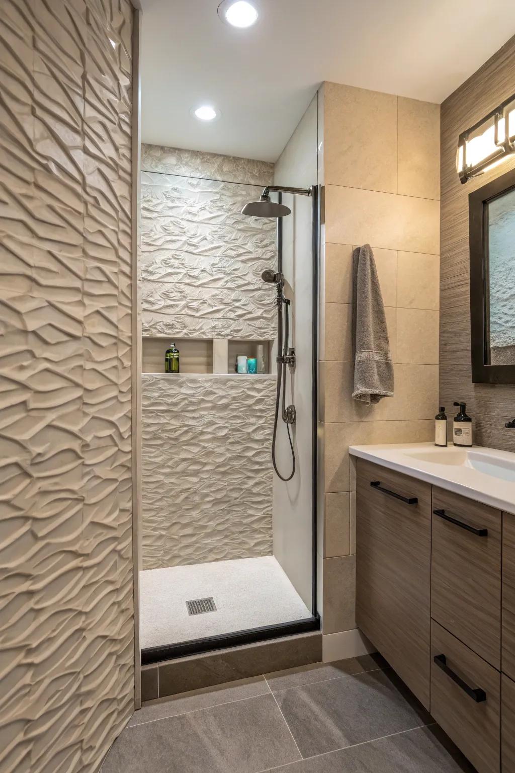 Textured accent walls add dimension to concealed shower designs.