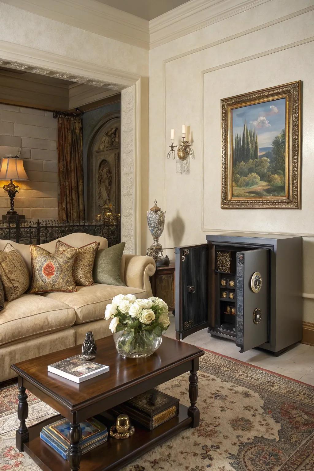 Discreet wall safe concealed behind artwork