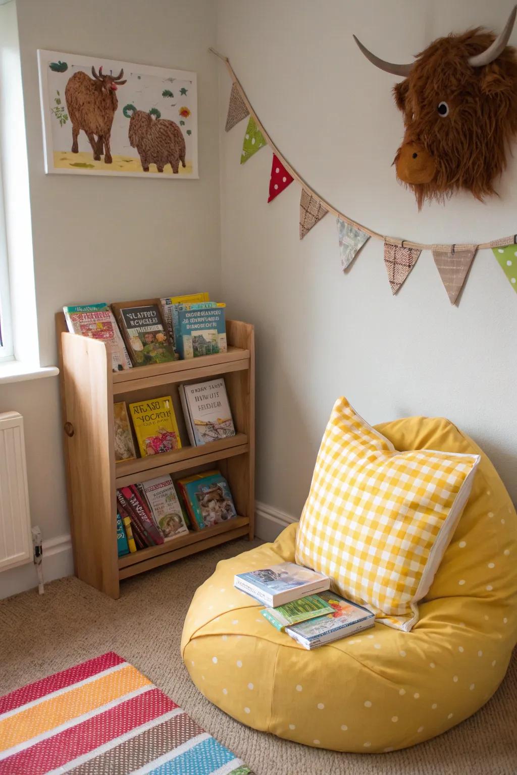 A reading nook encourages quiet moments and imaginative adventures.