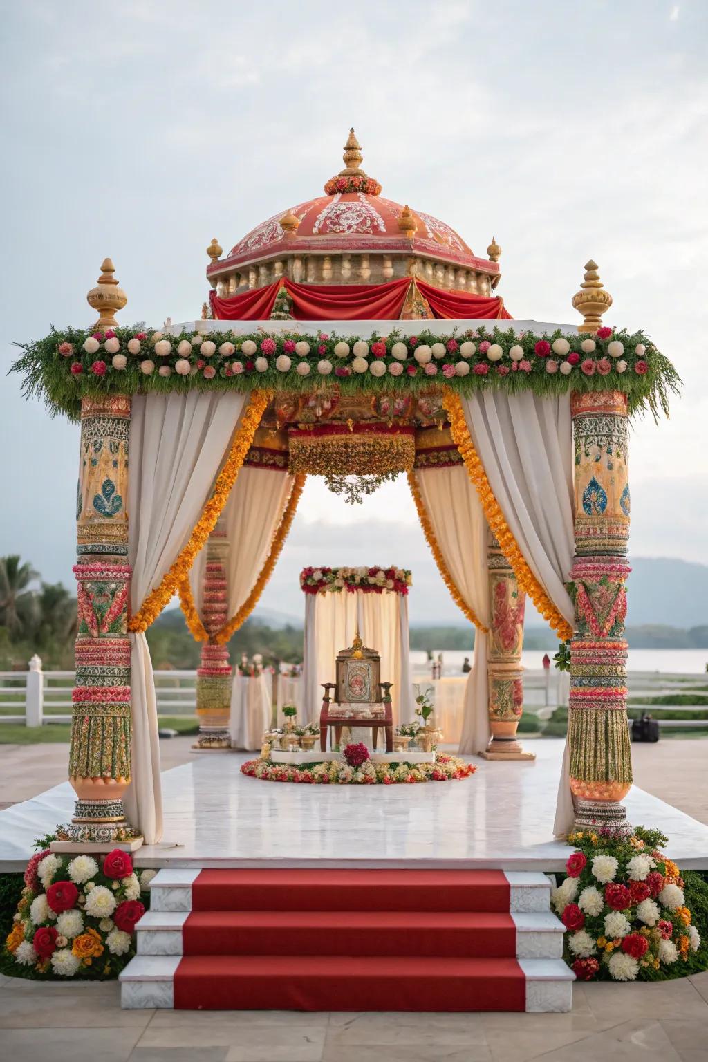 Cultural symbols infusing the mandap with personal significance.